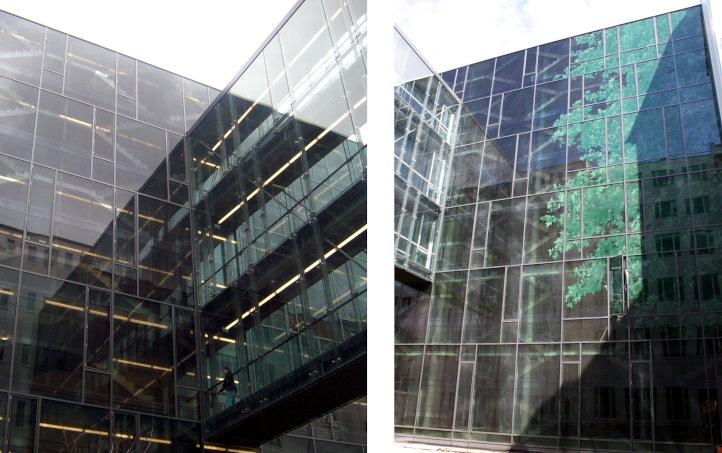links Glasfassadenansicht mit Brückenübergang, rechts bedruckte Glasfassadenansicht mit grünen Laubblättern